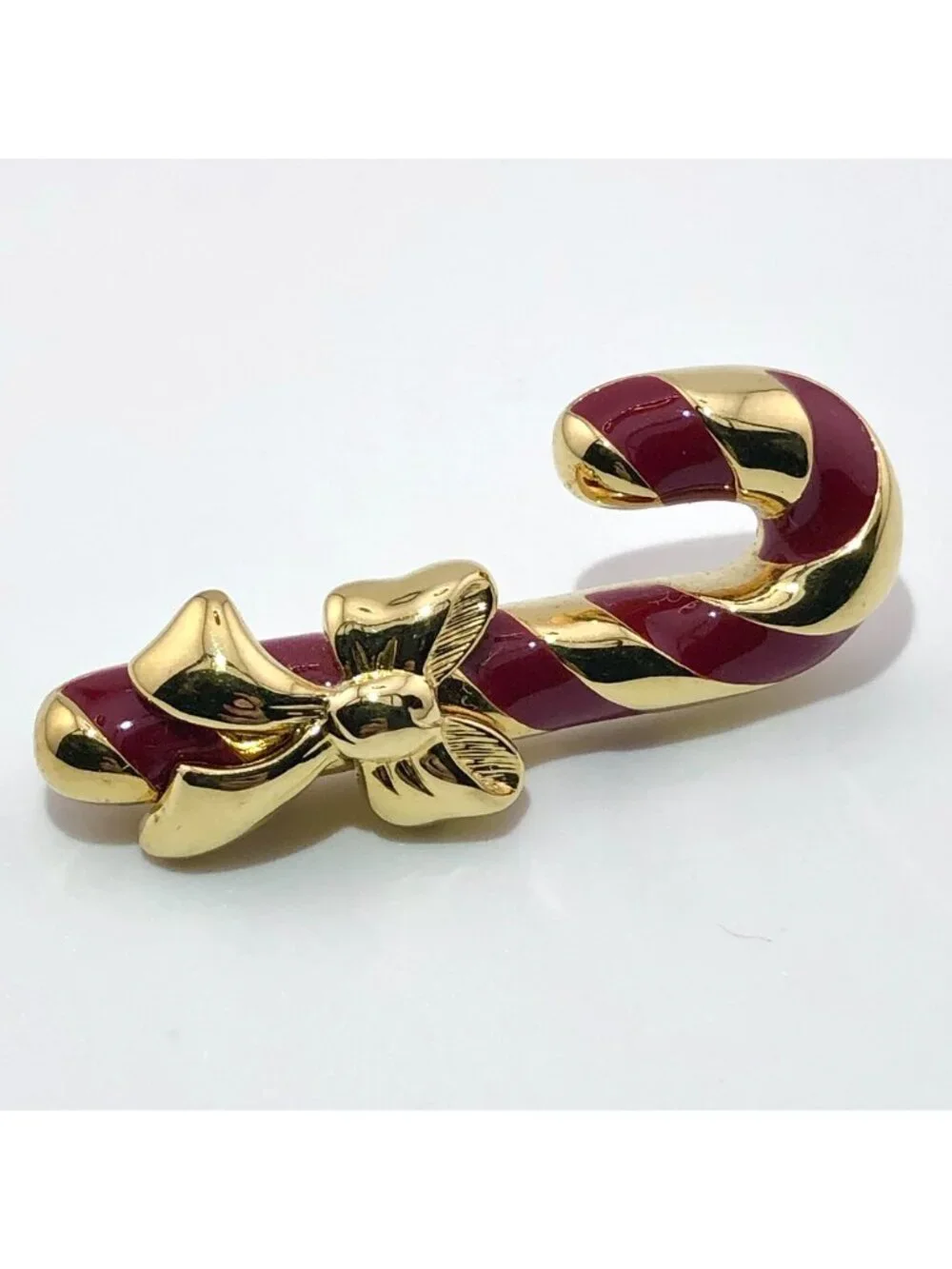 Napier Candy Cane Christmas Pin Brooch Gold Tone Red Enamel Bow Signed Vintage